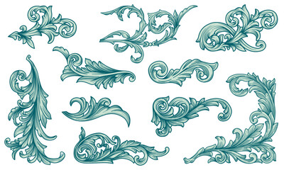 Set vintage green baroque ornamental swirl flourishes vector illustration