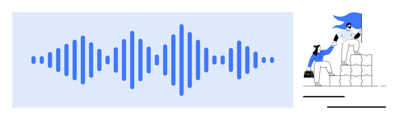 Sound engineering, collaboration, teamwork, innovation, leadership, communication strategies. Audio waveform alongside figures supporting each other on stairs. Sound engineering and collaboration