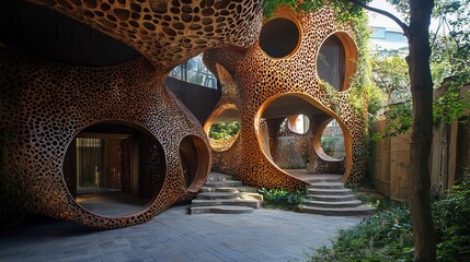 Organic Architecture Perforated Wood Structure with Circular Openings and Stone Steps.