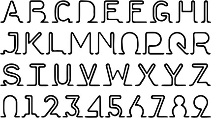 Continuous one-line drawing of the complete English alphabet (A-Z) and numbers (0-9).
