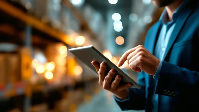 Faceless warehouse manager using digital tablet defocused smart warehouse background with inventory showing management software dashboard logistics technology modern supply cha