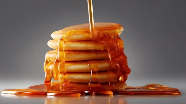 A stack of fluffy pancakes drizzled with golden syrup, creating a deliciously tempting scene; perfect for breakfast or brunch-themed culinary content