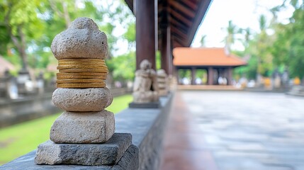 Stacked Stones and Coins Balinese Temple Offering Peaceful Serenity.