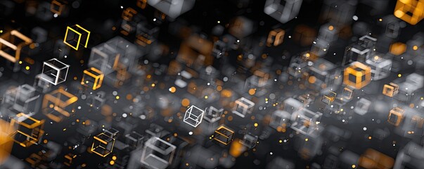 A 3D rendered image of abstract translucent cubes and spheres with blurred background and glow