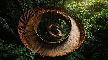 Spiral Wooden Walkway Ascending Through Lush Green Forest Canopy Aerial View.