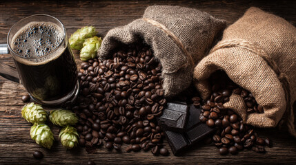 Stout, A dark moody flat lay of ingredients for a stout beer, dark roasted barley, a few hop cones, and a scattering of rich, dark coffee beans and a piece of dark chocolate. 