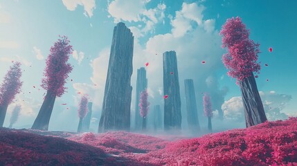 Surreal Pink Landscape with Towering Rock Formations and Falling Petals under a Cloudy Sky.