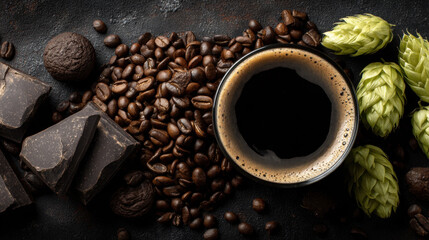 Stout, A dark moody flat lay of ingredients for a stout beer, dark roasted barley, a few hop cones, and a scattering of rich, dark coffee beans and a piece of dark chocolate.