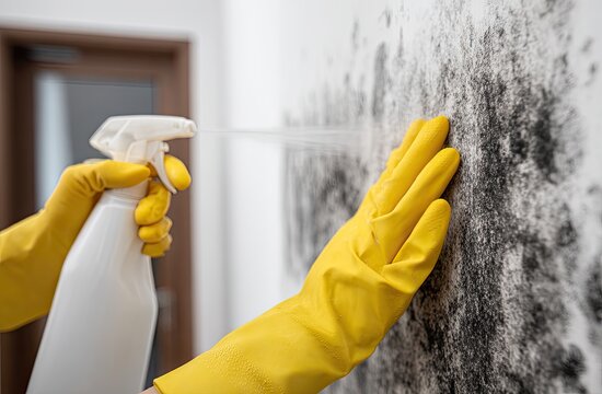 Person in yellow gloves spraying moldy wall with a cleaner in a domestic setting