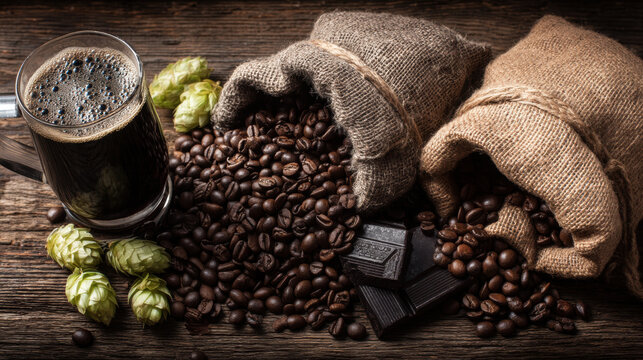 Stout, A dark moody flat lay of ingredients for a stout beer, dark roasted barley, a few hop cones, and a scattering of rich, dark coffee beans and a piece of dark chocolate. - Powered by Adobe