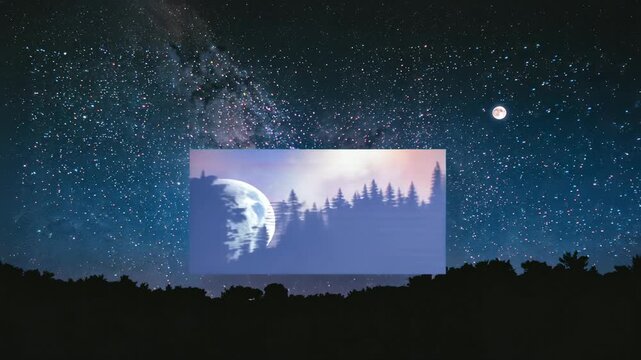 Animating centered inset revealing rising moon with scanline fading showing MilkyWay above treeline