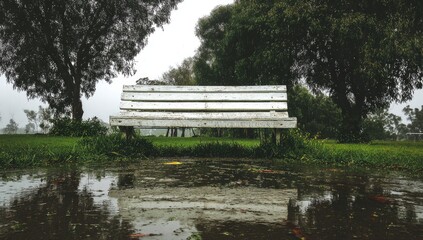 Wooden park bench reflected in puddles after a rain shower. Fog and trees in the background