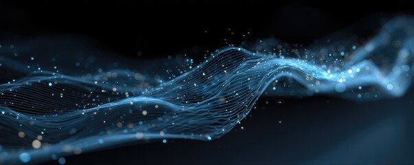 A captivating abstract visual featuring flowing, luminous blue waves with scattered glowing particles