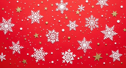 Red background decorated with white snowflakes, gold stars, and silver dots creates a festive winter scene. Perfect for holiday cards, seasonal banners, party invitations, or backdrop.