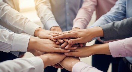Obraz premium Group of professionals stacking hands together in a show of unity and teamwork. Perfect for concepts of collaboration, partnership, and team building in corporate environments.