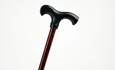 Black ergonomic walking cane with wooden shaft and curved handle isolated on a white background, symbolizing support and mobility aid.