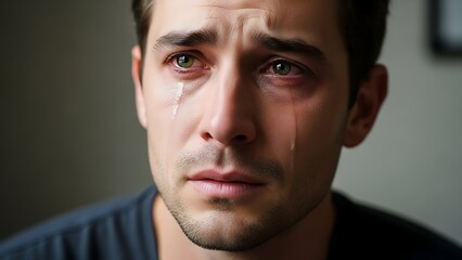 Obraz premium Close up of a man with tear stained face looking off in sadness and despair