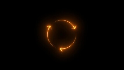 Neon three rotating arrows cycle icon on black background, circular refresh loop animation, glowing rotation process indicator, reload and sync symbol