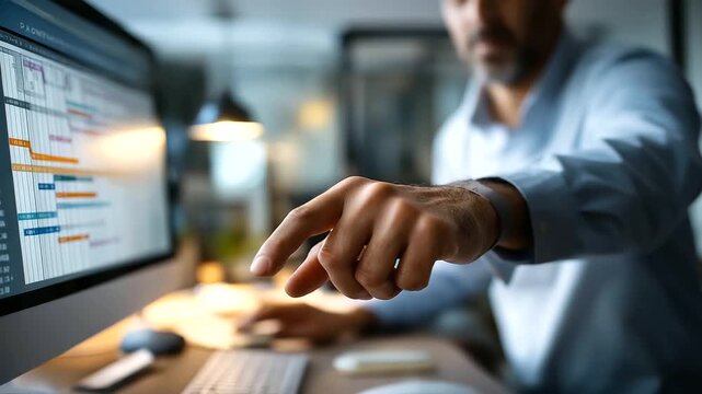 Project management schedule plan diagram on screen faceless manager's hands pointing defocused office background business process optimization concept timeline visualization