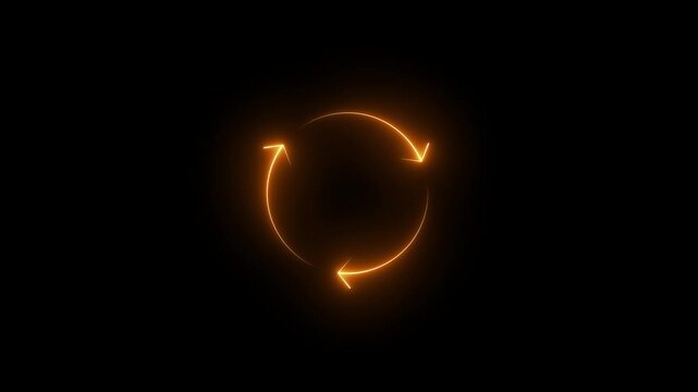 Neon three rotating arrows cycle icon on black background, circular refresh loop animation, glowing rotation process indicator, reload and sync symbol