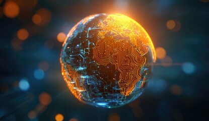 Glowing digital representation of Earth, showcasing interconnected circuits and a vibrant, futuristic aesthetic