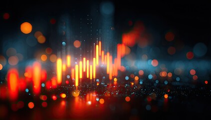 Glowing bars emerge from a dark background with blurred bokeh lights, resembling financial growth