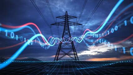 High voltage transmission tower with digital binary smart grid overlay
