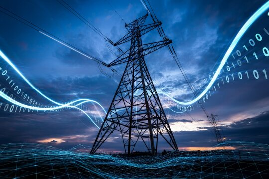High voltage transmission tower with digital binary smart grid overlay
 - Powered by Adobe