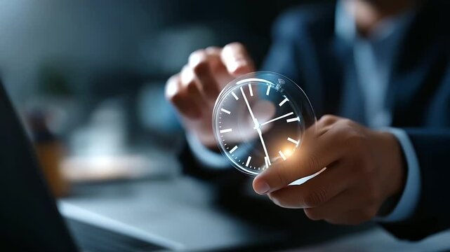 Time management visualization on screen with clock icons faceless businessman's hands working defocused office background project planning business concept scheduling