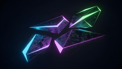 Abstract geometric crystal form illuminated by neon lights