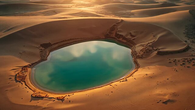 Gliding drone lowering camera, capturing teardrop turquoise oasis in desert dunes, revealing detail