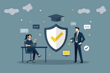 Business People with Shield and Graduation Cap: Education Insurance and Student Loan Protection Concept