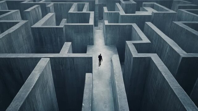 Man walking alone inside large concrete maze, symbolizing life choices, direction, business obstacles, stress, confusion, uncertainty, career decisions mental struggle search for solutions and clarity