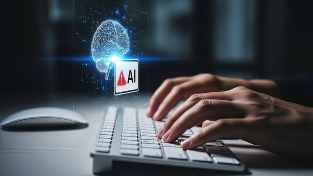 Hands typing on keyboard with artificial intelligence brain warning sign - Powered by Adobe