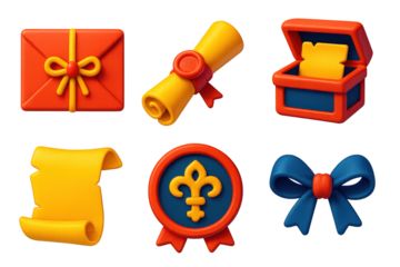 Ancient Messages Icons. 3D icon set of ancient messages: tied letter, wax-sealed scroll, hidden note, folded parchment, secret