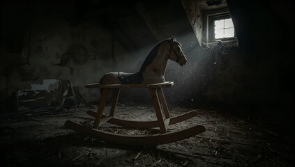 An old rocking horse in an old room, captured in a poignant moment with gentle light streaming through a small window. It's a scene filled with nostalgia. 