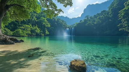 Idyllic tropical lagoon with clear turquoise water and lush vegetation.