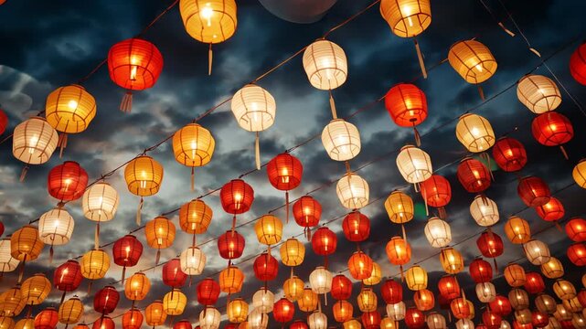 Tilting camera revealing paper lantern canopy swaying over dusk plaza, making warm glow and tassels