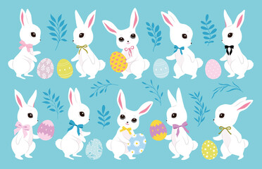 Cute Easter bunnies, color clothes, cutie bows, pattern eggs. Spring collection. Sticker design. Set of easter eggs, cute white rabbits. Happy Easter. Greeting cards, birthday decoration, poster art