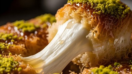 Delicious Kunefe Dessert with Stretchy Cheese and Pistachios Traditional Middle Eastern Sweet.