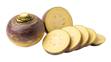 Fresh jicama root and sliced pieces displayed on a clear background isolated on transparent background