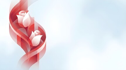 Vertical abstract art of white roses on red swirling ribbon background