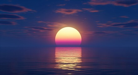 Large glowing sun sets over calm ocean water creating pink and orange reflections. Deep blue sky with wispy clouds surrounds the bright orb. Perfect for relaxation themes or nature backgrounds.