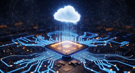 A glowing chip on a circuit board connects to a bright cloud above through streams of data. Blue lines and orange lights show network paths. Great for cloud computing and tech concepts.