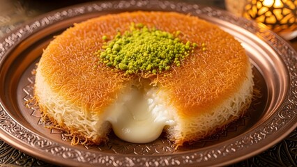 Delicious Turkish Kunefe with gooey cheese and pistachios on a copper plate.