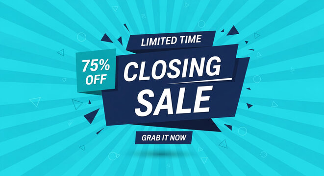 Blue geometric background with closing sale banner, showcasing a special offer for a limited time, representative of business promotion and discount