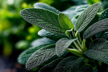 close-up of sage leaves, with their distinctive texture and gray-green color, highlighting the culinary or herbal health applications for some people.