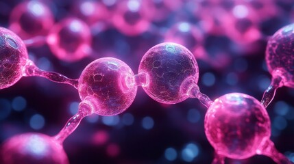 Abstract Molecular Structure with Pink Illumination and Connected Spheres.