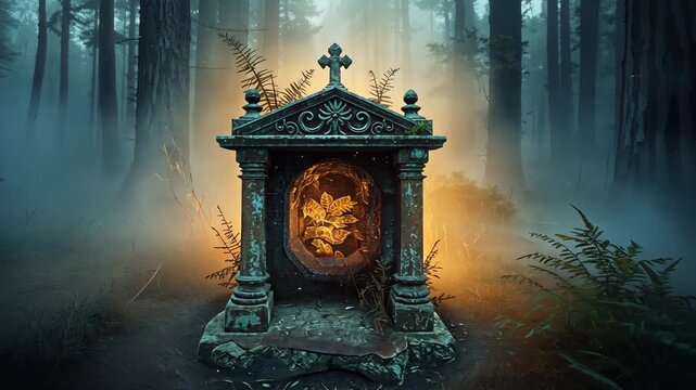 Moving camera approaching ornate stone shrine in misty forest, revealing illuminated floral relief