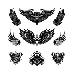 Obraz premium Black Wing Tattoos with Ornate Designs on White Background